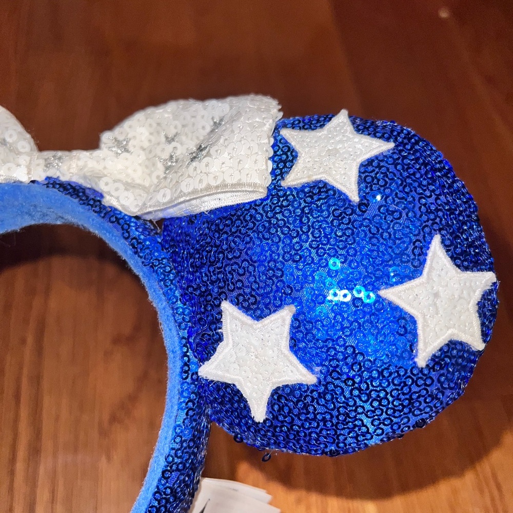 Disney Royal Blue Sequin Star Minnie Ear Headband with White Bow - Picture 4 of 5
